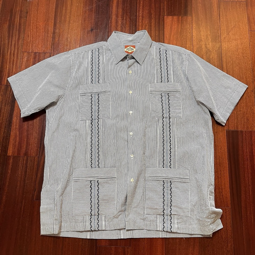 SAN CRISTOBAL Classic Guayabera White/Baby Blue Men Sz XL Pleated Embroidered